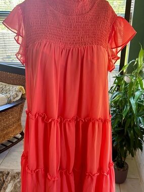 Smocked Yoke Coral Tiered Ruffle Tunic Dress